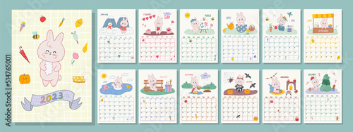 Vertical calendar template 2023 with cute kawaii rabbit symbol of the year.Cover and 12 pages format a3 a4 a5 a6 with seasonal illustrations.Week starts on sunday