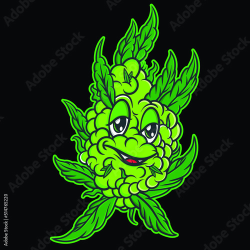 Cannabis Marijuana bud character, Happy green mascot vector, Colorful Cute funny cartoon Weed Bud, Medical marijuana drug vector illustration, Suitable for Clip Art, Logo, Sticker, t-shirt Design,