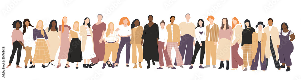 Women of different ethnicities stand side by side together. Flat vector illustration.