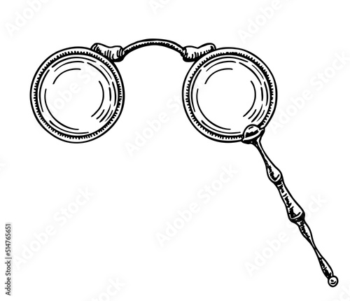 Old lorgnette glasses. Vintage spectacles. Ink sketch. Retro style. Hand drawn Vector icon on white background.