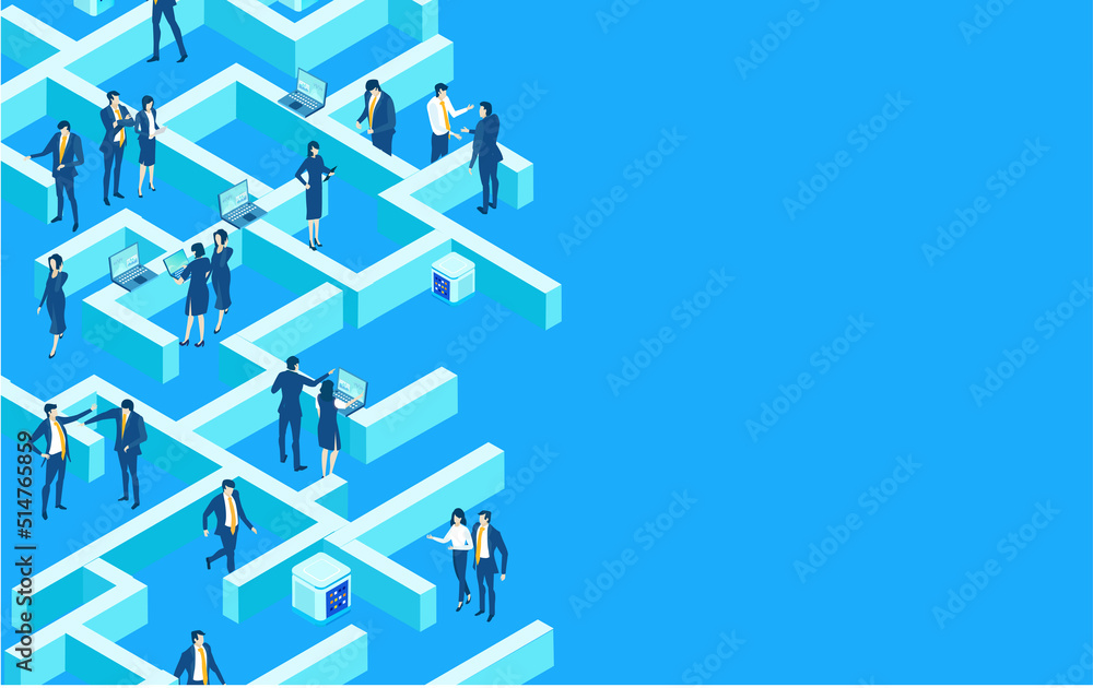 Business people working in labyrinth, work as team, find solution, make progress. business concept Isometric illustration Business people working in labyrinth, work as team, find solution, make progress. business concept Isometric illustration