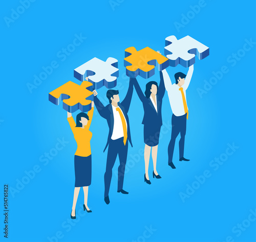 Isometric 3D business environment with business people holding up puzzles. Work together as team,  success, reading graphs, data protection, personal security infographic illustration.