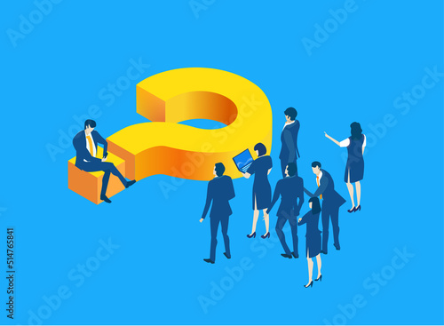 Isometric 3D business environment with business people working around a big question mark. Work together as team,  success, agreement, data protection, personal security infographic illustration.