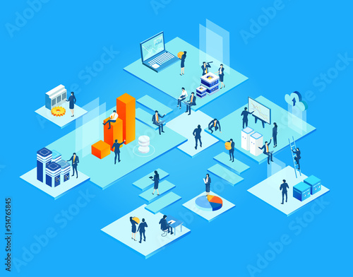 Isometric 3D business concept environment, Business people working in server room, technology, big data, computing, artificial intelligence, writing applications concept illustration © IRStone