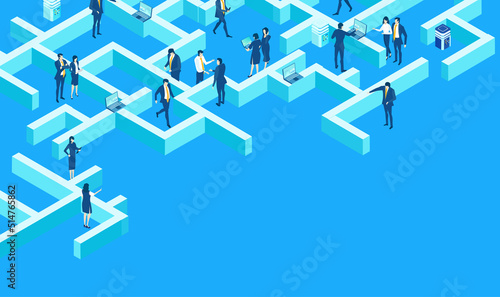 Business people working in labyrinth, work as team, find solution, make progress. business concept Isometric illustration
