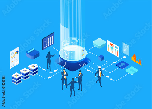 Isometric 3D business concept environment, Business people working in server room, technology, big data, computing, artificial intelligence, writing applications concept illustration