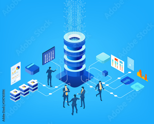 Isometric 3D business concept environment, Business people working in server room, technology, big data, computing, artificial intelligence, writing applications concept illustration