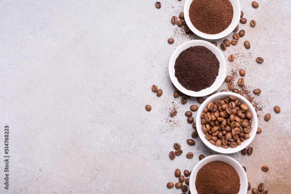 Roasted beans and different ground coffee for morning espresso Roasted beans and different ground coffee for morning espresso
