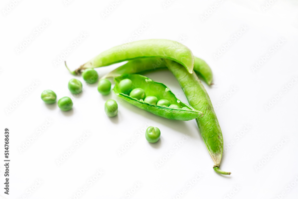 fresh whole peas and open pod with fruits on isolated background fresh whole peas and open pod with fruits on isolated background