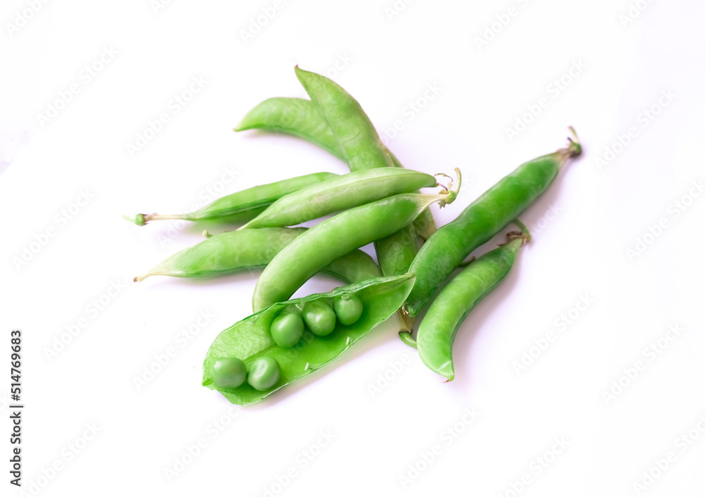 green peas open and closed pod with grains on isolated background green peas open and closed pod with grains on isolated background