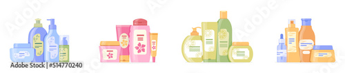 Set of vector cosmetic kits: shampoo, conditioner, cream, mask, deodorant, serum, balm, soap, antiperspirant. Various types of cosmetic packaging. Collection of flat vector illustrations.