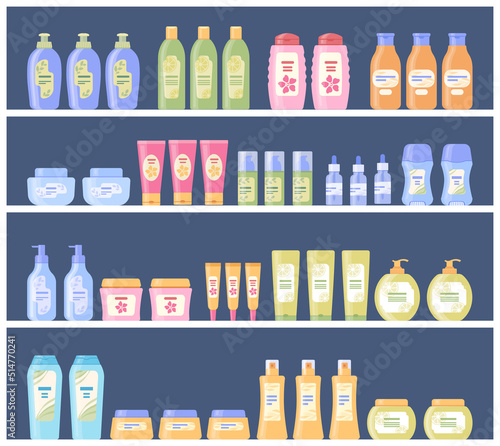 Set of cosmetic bottles and vials on  shelves. Cometic store. Various types of cosmetic products: shampoo, conditioner, cream, mask, deodorant, serum, balm, soap, antiperspirant