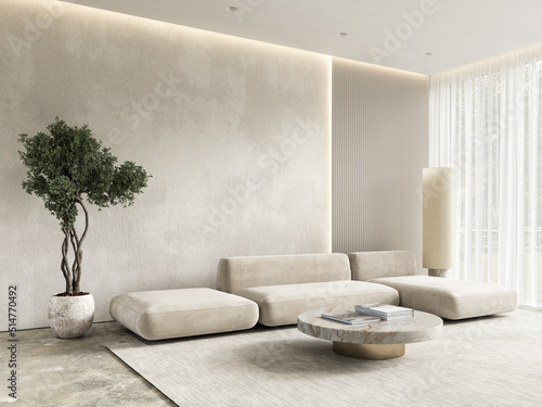 Fototapeta Naklejka Na Ścianę i Meble -  Contemporary beige white interior with furniture and decor. 3d render illustration mockup.