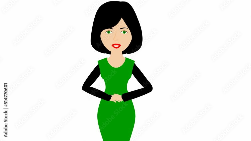 Animated speaking girl in green dress. The woman constantly tells something and gestures with her hands. Black hair. Flat vector illustration isolated on white background. Animated speaking girl in green dress. The woman constantly tells something and gestures with her hands. Black hair. Flat vector illustration isolated on white background.