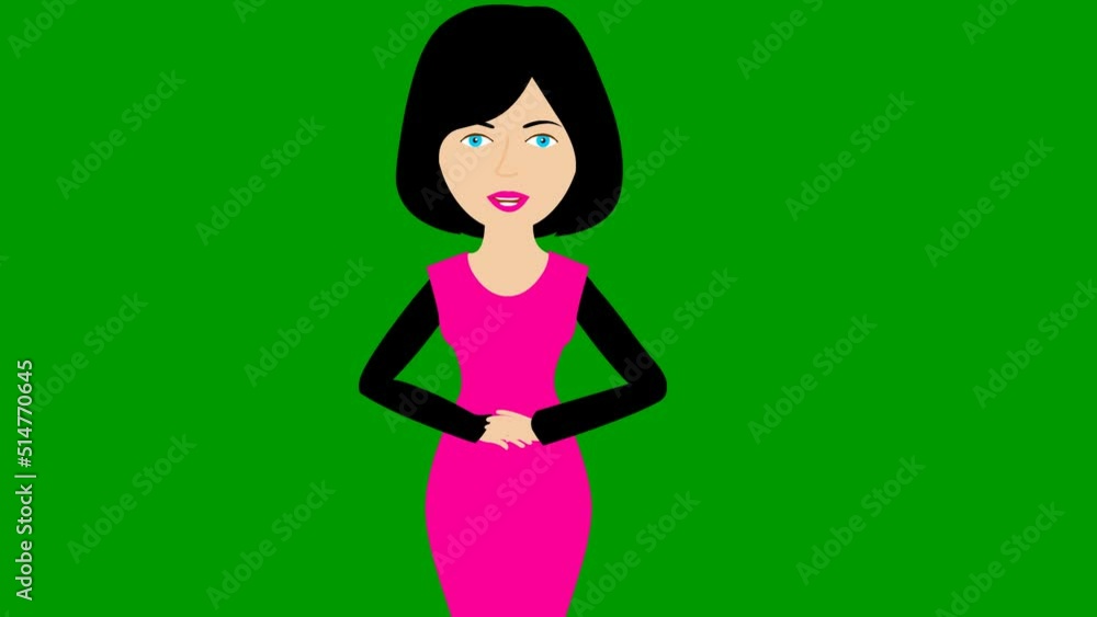 Animated speaking girl in pink dress. The woman constantly tells something and gestures with her hands. Black hair. Flat vector illustration isolated on green background. Animated speaking girl in pink dress. The woman constantly tells something and gestures with her hands. Black hair. Flat vector illustration isolated on green background.