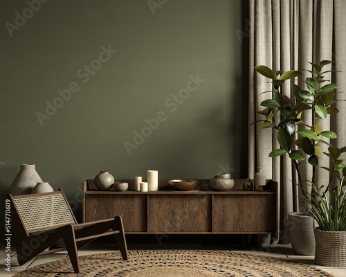 Green interior with dresser, lounge chair, plants and decor. 3d render illustration mockup. photo