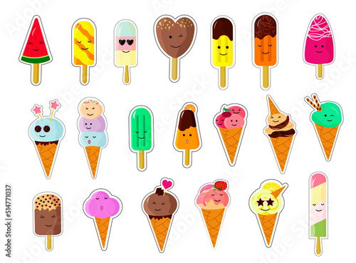 Set of kawaii ice cream characters. Cute cartoon stickers. Vector illustration. For covers, notebooks, childrens games.