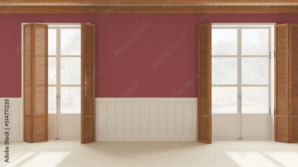 Interior design background, empty room in white and red tones with parquet floor and wooden ceiling. Two windows with shutters opening on garden panorama, Wall panel with moldings