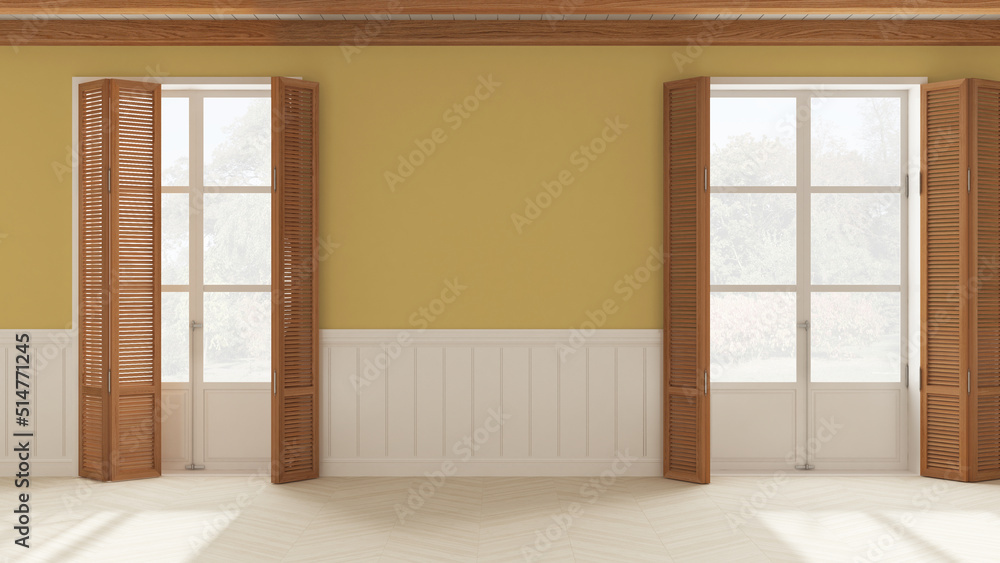 Interior design background, empty room in white and yellow tones with parquet floor and wooden ceiling. Two windows with shutters opening on garden panorama, Wall panel with moldings Interior design background, empty room in white and yellow tones with parquet floor and wooden ceiling. Two windows with shutters opening on garden panorama, Wall panel with moldings