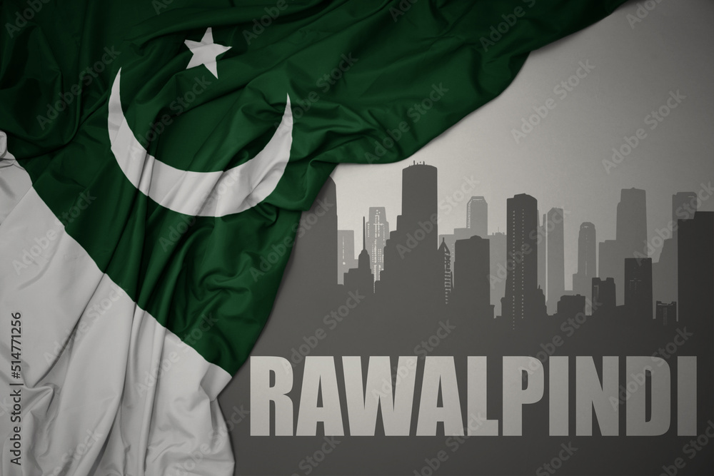 abstract silhouette of the city with text Rawalpindi near waving national flag of pakistan on a gray background.3D illustration