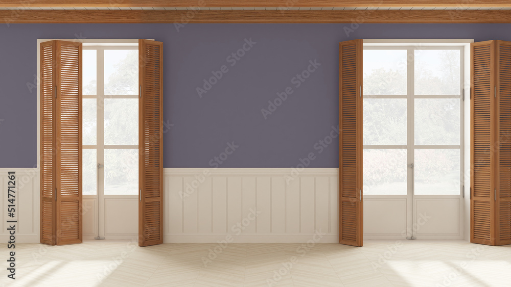 Interior design background, empty room in white and purple tones with parquet floor and wooden ceiling. Two windows with shutters opening on garden panorama, Wall panel with moldings Interior design background, empty room in white and purple tones with parquet floor and wooden ceiling. Two windows with shutters opening on garden panorama, Wall panel with moldings