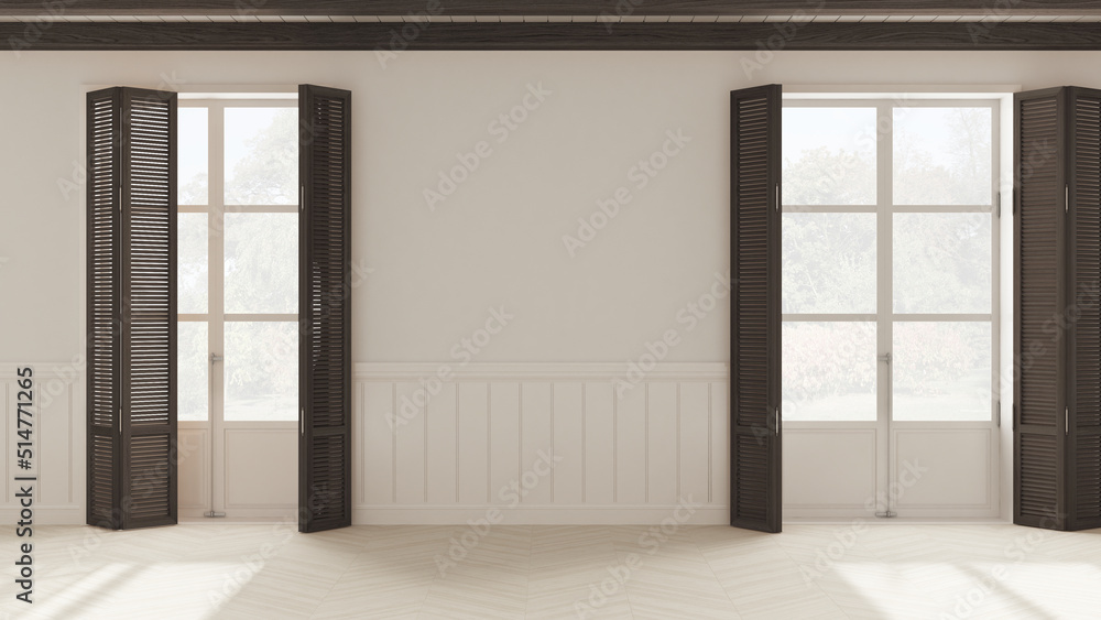 Interior design background, empty room in white and dark tones with parquet floor and wooden ceiling. Two windows with shutters opening on garden panorama, Wall panel with moldings Interior design background, empty room in white and dark tones with parquet floor and wooden ceiling. Two windows with shutters opening on garden panorama, Wall panel with moldings