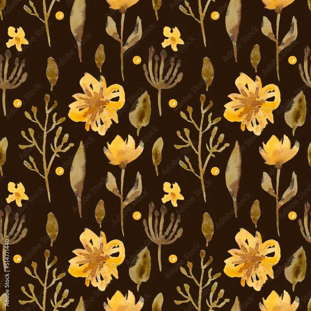 Delicate pattern with yellow flowers and branches on a brown background. Seamless. Watercolor illustration. Nature. Blossom. Leaves. Print on fabric and paper. Floral ornament. Handmade work. Design. Delicate pattern with yellow flowers and branches on a brown background. Seamless. Watercolor illustration. Nature. Blossom. Leaves. Print on fabric and paper. Floral ornament. Handmade work. Design.