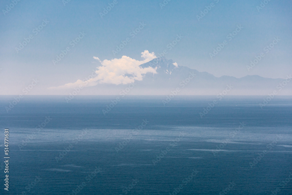 Panoramic view of Aegean Sea and foggy mountain in Greece