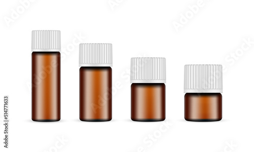 Amber Medical or Cosmetic Bottles with Different Sizes, Isolated on White Background. Vector Illustration