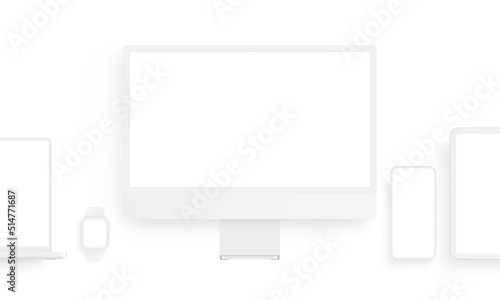 Clay Devices Mockups With Blank Screens. Computer Monitor, Laptop, Tablet, Phone, Watch. Vector Illustration