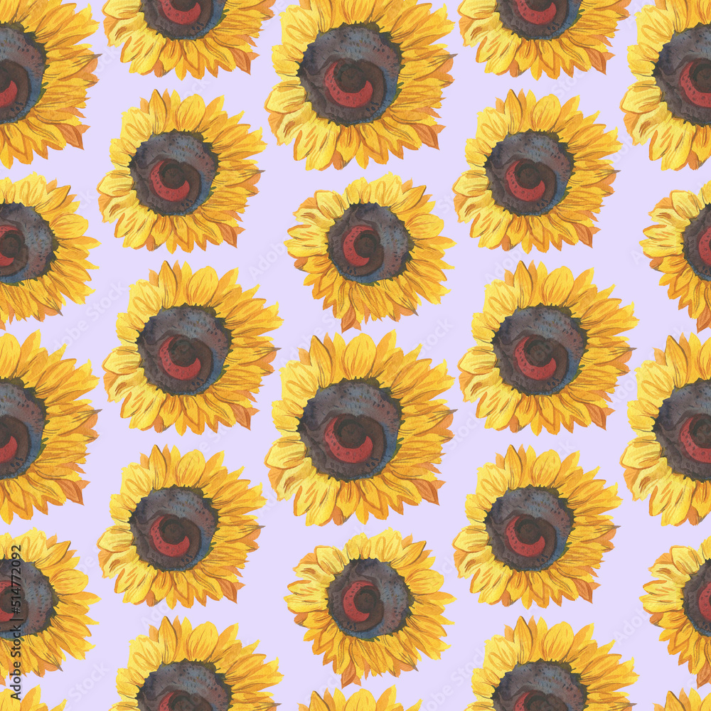 Watercolor seamless pattern with yellow sunflowers on a violet background. Repeating, wedding,texture hand painted print. Design for textiles, fabric, wrapping paper, printing. Watercolor seamless pattern with yellow sunflowers on a violet background. Repeating, wedding,texture hand painted print. Design for textiles, fabric, wrapping paper, printing.