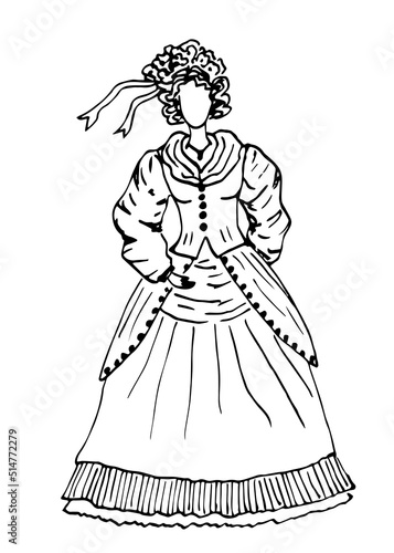 Simple hand drawn black outline vector drawing. Lady in a vintage dress, a hat with ribbons, a fluffy lace skirt. Historical fashion. Ink sketch.