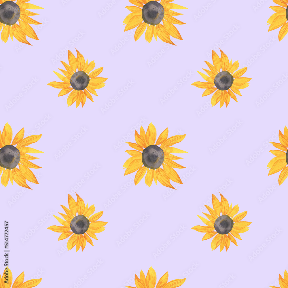 Watercolor seamless pattern with yellow sunflowers on a violet background. Repeating, wedding,texture hand painted print. Design for textiles, fabric, wrapping paper, printing. Watercolor seamless pattern with yellow sunflowers on a violet background. Repeating, wedding,texture hand painted print. Design for textiles, fabric, wrapping paper, printing.