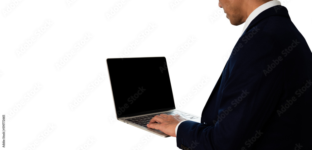 Clipping path of a businessman holding a laptop computer against a white backdrop Clipping path of a businessman holding a laptop computer against a white backdrop