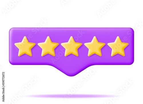 3D Glossy Yellow Five Stars Rating in Bubble Isolated. Reviews Five Star Chat Cloud Realistic Render. Testimonials, Rating, Feedback, Survey, Quality, Review. Achievements or Goal. Vector Illustration
