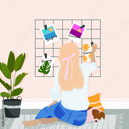 Vector illustration summer girl wiht a dog in cozy room