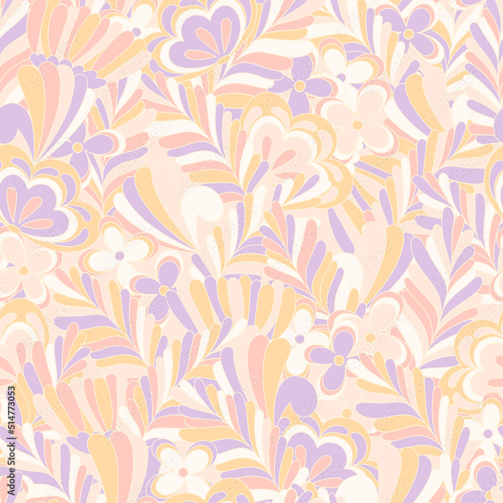 Pastel candy hippie seamless pattern. Vector nostalgic retro 60s groovy print. Vintage floral background. Textile and surface design with old fashioned hand drawn naive geometric flowers