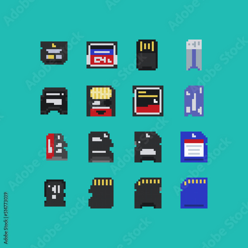 Pixel art phone and photo memory data storage card vector 8 bit icon set on light blue background. Video game 8-bit sprite.