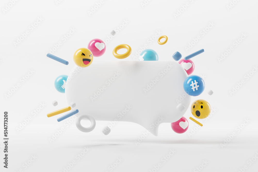 Blank white bubble talk with social media and technology with love, like, comment icon, 3d render. Blank white bubble talk with social media and technology with love, like, comment icon, 3d render.