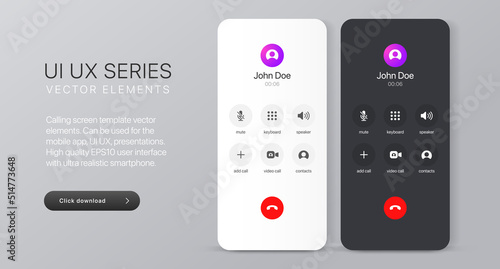 Voice call screen. Mockup incoming call, voicemail screen, smartphone interface vector UI UX template for application. New Call screen template. Mobile app display template. Vector illustration.