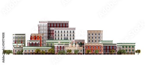 Beautiful city with periodic style buildings. 3D rendering illustration