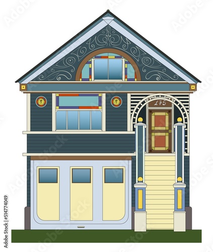 Private two-storey house with garage. Stained glass in the windows. Vector illustration isolated on white background.