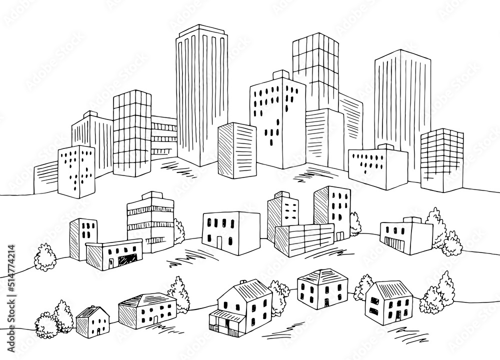 City graphic black white cityscape hill sketch illustration vector 