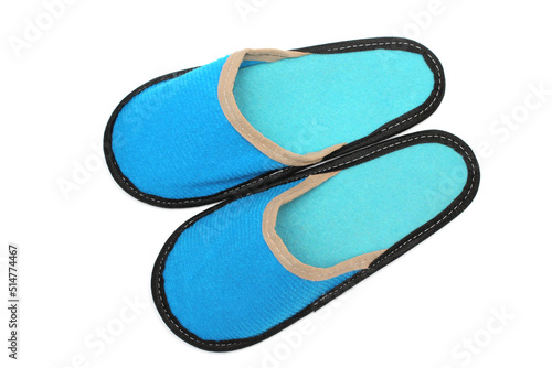 Blue textile slippers with turquoise insole, house slippers isolated on white background, home clothes, top view