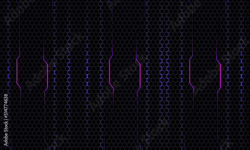 Abstract dark gray carbon fiber gaming technology background with purple and blue flashes and technology shapes. Vector illustration