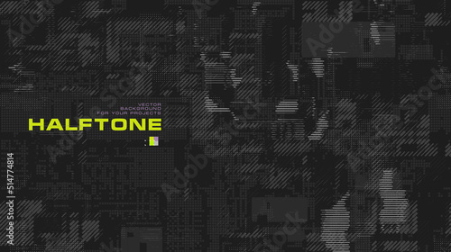 Vector background, halftones, dots, lines, spots, random arrangement, for tech projects.