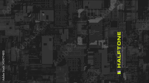 Vector background, halftones, dots, lines, spots, random arrangement, for tech projects.