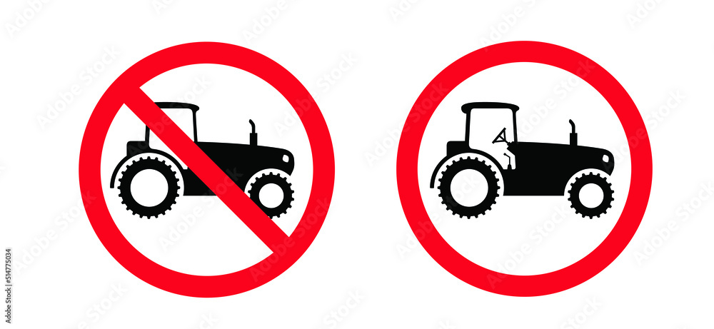 Cartoon farm tractor machine. Stop, no farmer tractor on the road. Allowed vehicle symbol or icon. No tractors pictogram signboard. Forbidden, no tractors or agricultural vehicles. Cartoon farm tractor machine. Stop, no farmer tractor on the road. Allowed vehicle symbol or icon. No tractors pictogram signboard. Forbidden, no tractors or agricultural vehicles.