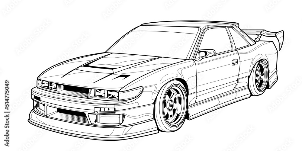 Coloring page vector line art for book and drawing. Black contour sketch illustrate Isolated on white background. High speed drive vehicle. Graphic element. Illustration car. Stroke without fill