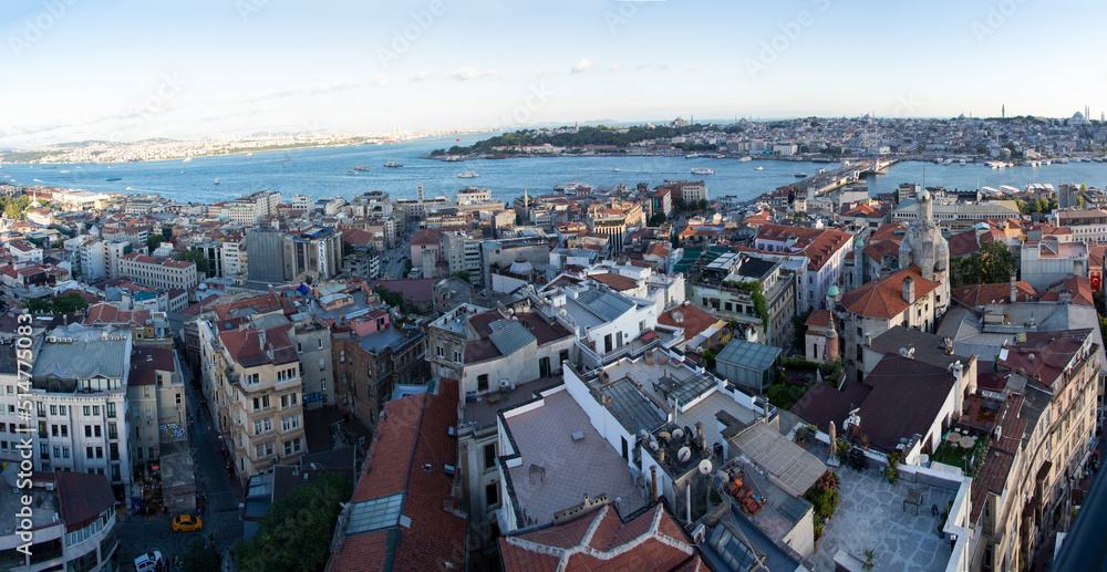 Panoramic view of Golden Horn and Karakoy district of Istanbul. Buildings on the European side of Istanbul.